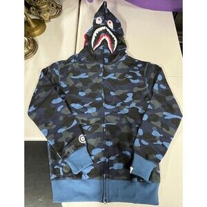 A Bathing Ape Bape Camo Shark Navy Blue Full Zip Hoodie Size 2XL NWT